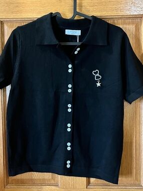 Black Short-Sleeve Button Front Polo Blouse with Heart & Star Accent